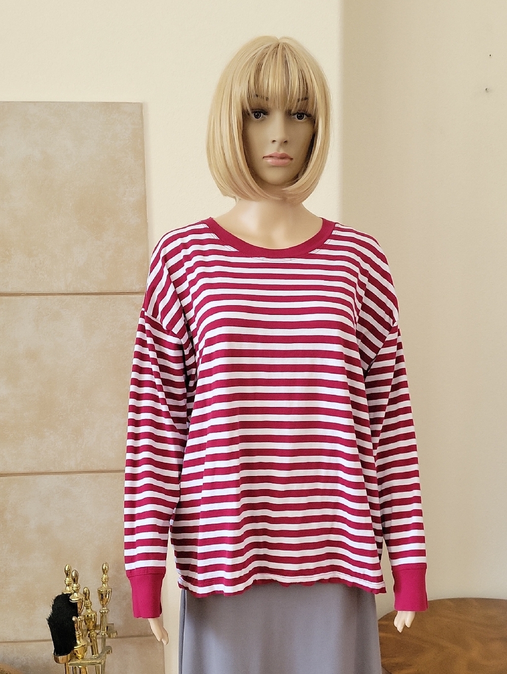 J.Crew Long-sleeve Cotton Stripe Tee, XL, Burgundy, White, EUC